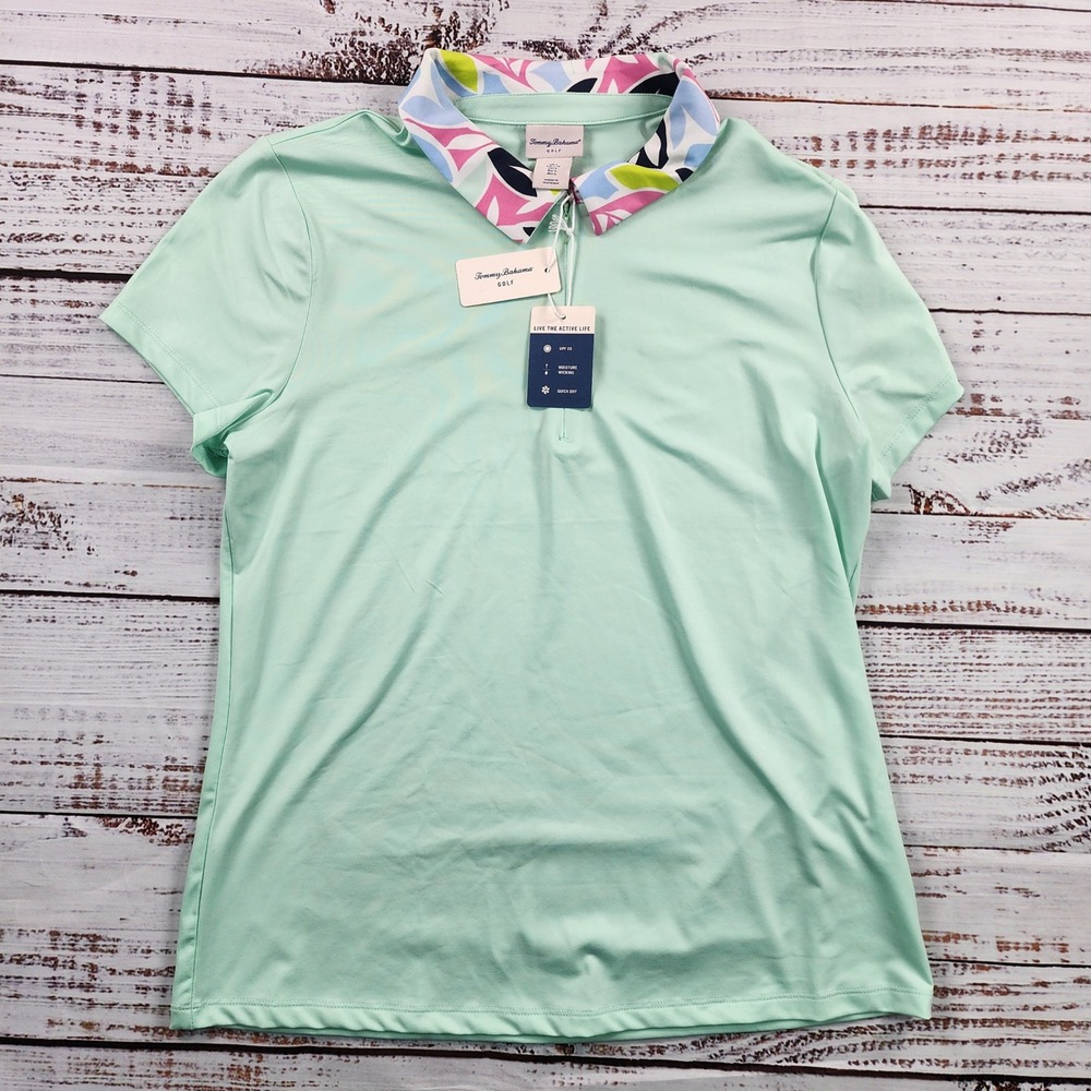 Tommy Bahama Golf Womens L Mint Green Floral Collar 1/4 Zip Polo NWT UPF 50
